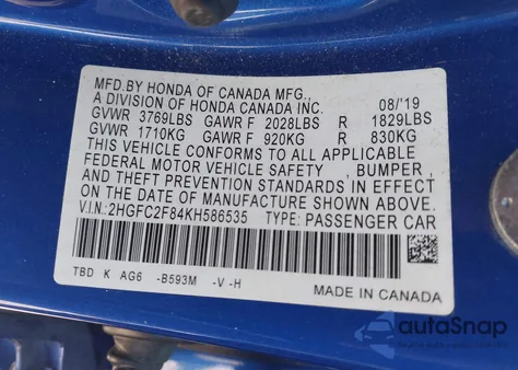 2019 Honda Civic Sport from USA, damaged, VIN 2HGFC2F84KH586535